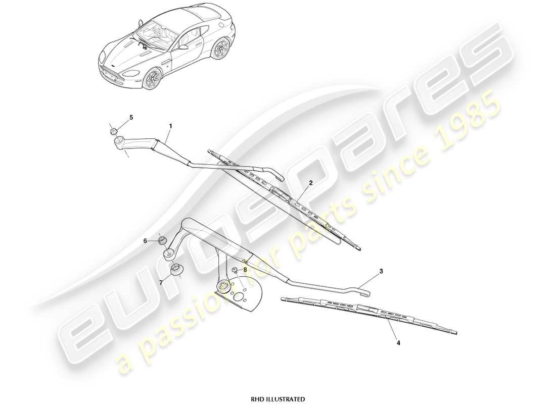 aston martin v8 vantage (2005) diagrama de piezas del conjunto de la escobilla del limpiaparabrisas