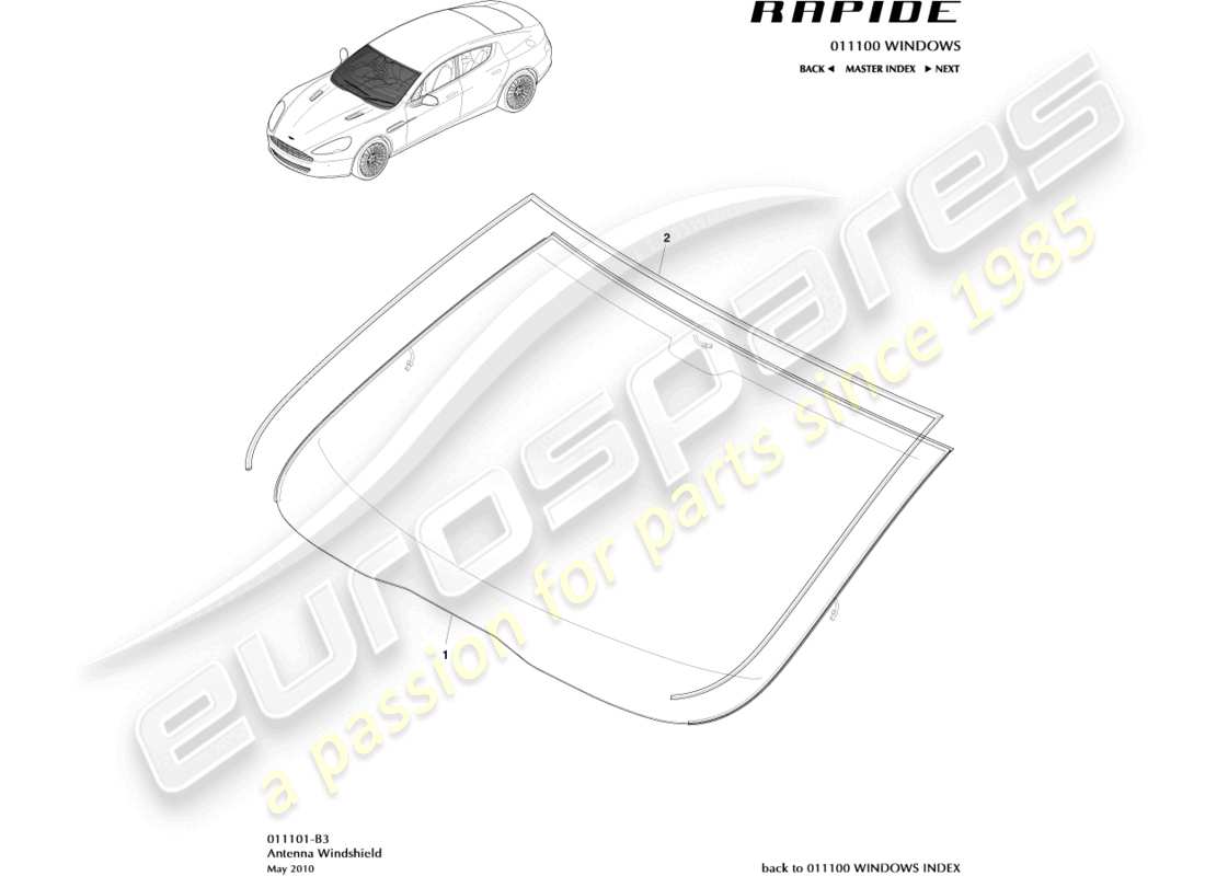 aston martin rapide (2012) parabrisas diagrama de piezas