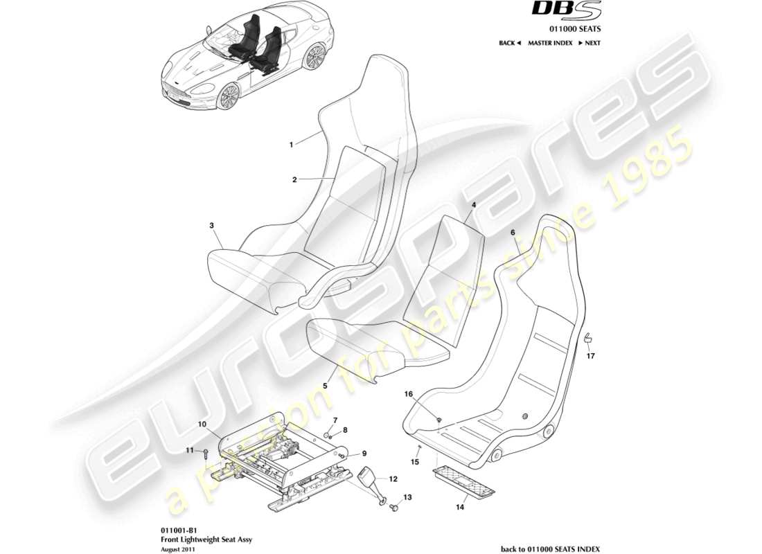 aston martin dbs (2011) asiento delantero ligero diagrama de piezas