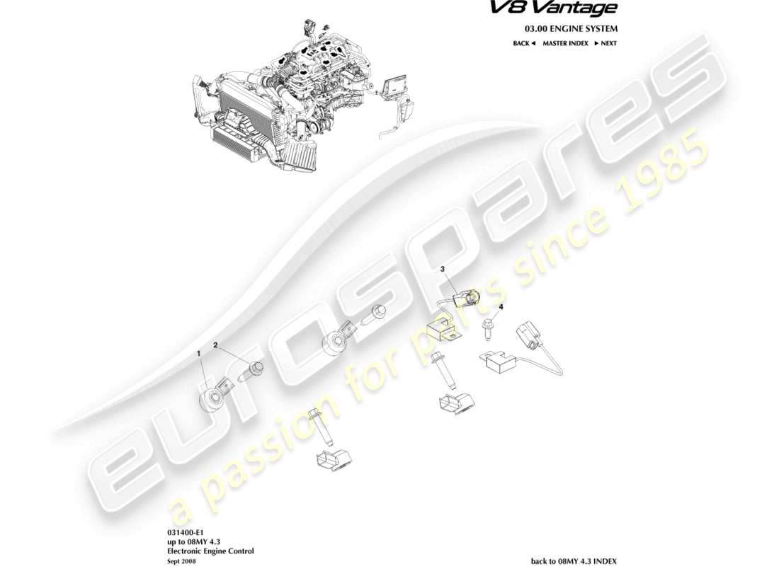 un diagrama de piezas del catálogo de piezas Aston Martin V8 Vantage (2013)