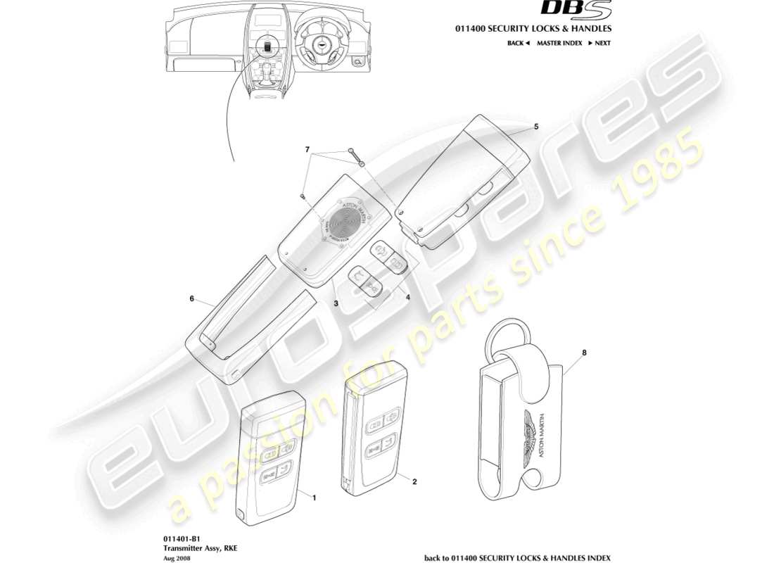 aston martin dbs (2009) transmisor, rke diagrama de piezas