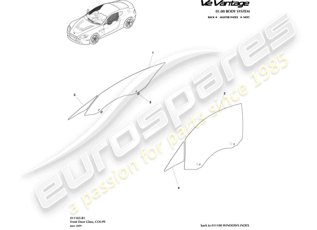 aston martin v12 vantage (2011) vidrio de puerta, diagrama de piezas del cupé