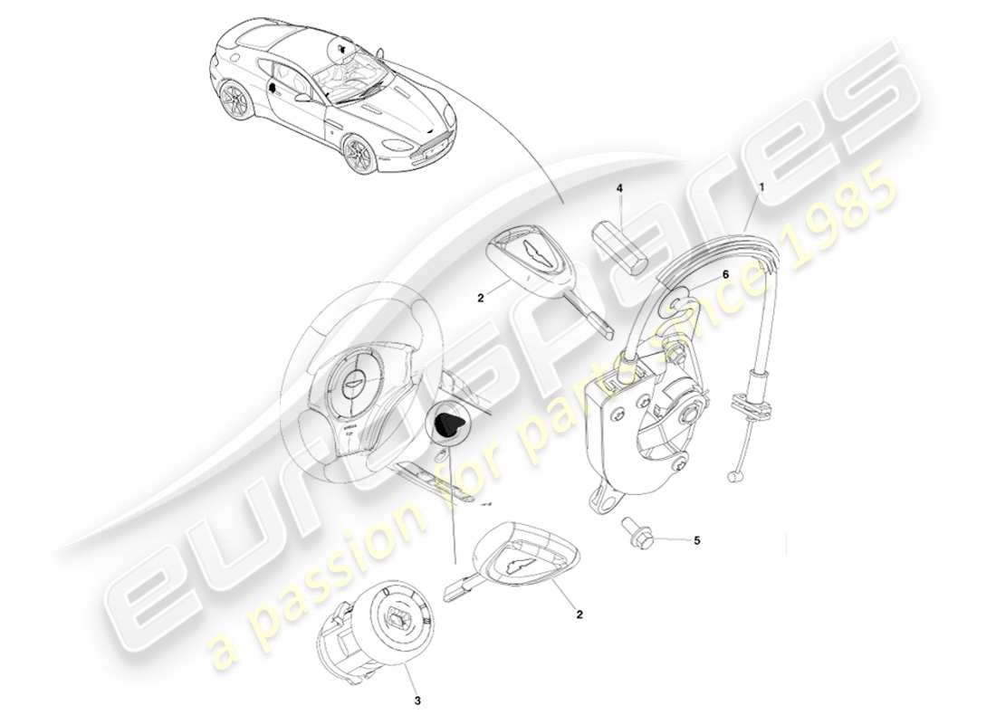 aston martin v8 vantage (2005) juego de cerradura y llaves, diagrama de piezas lhd