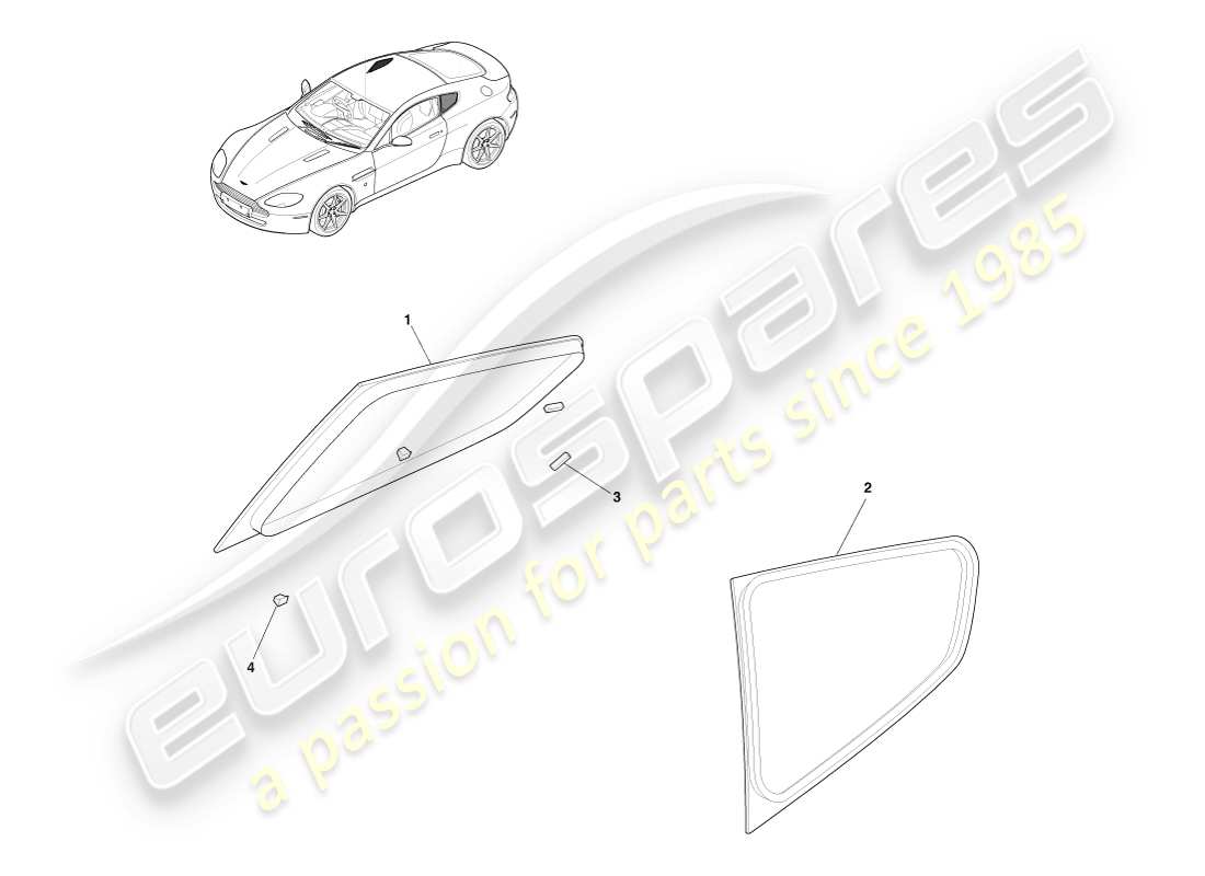 aston martin v8 vantage (2005) vidrio del cuarto trasero, diagrama de piezas del cupé