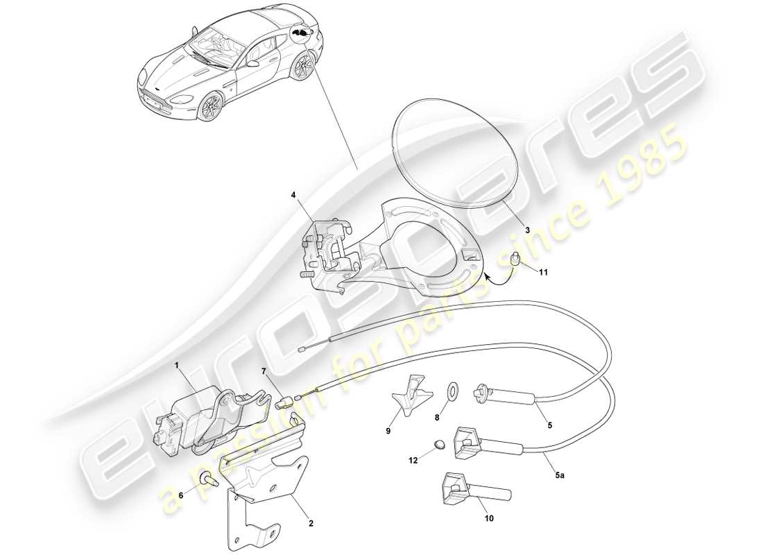 aston martin v8 vantage (2005) mecanismo de llenado de combustible, diagrama de piezas del cupé