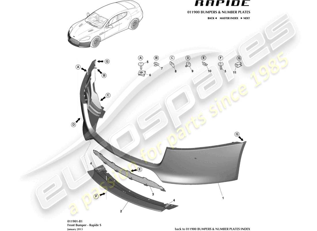 aston martin rapide (2013) parachoques delantero, diagrama de pieza s
