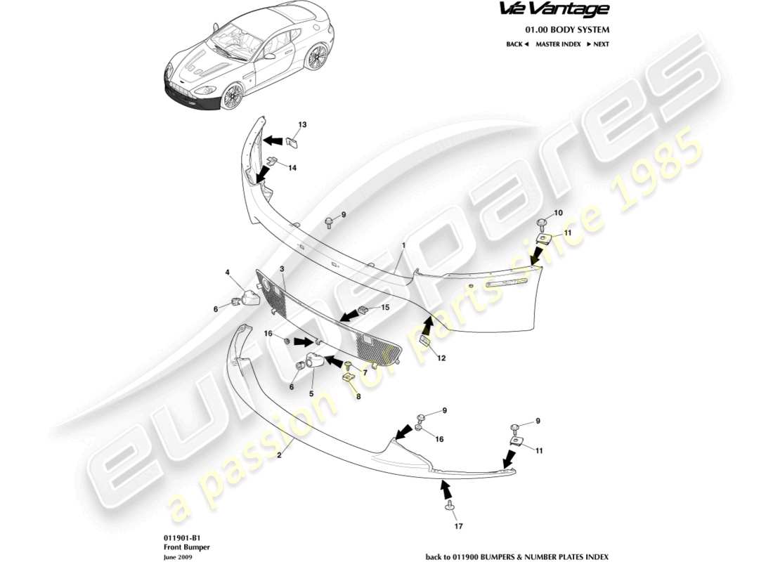 aston martin v12 vantage (2010) diagrama de piezas del parachoques delantero