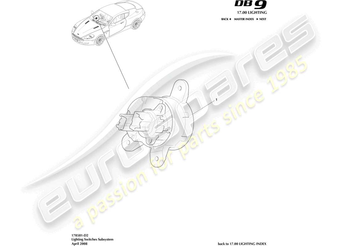 aston martin db9 (2005) diagrama de piezas del interruptor de iluminación