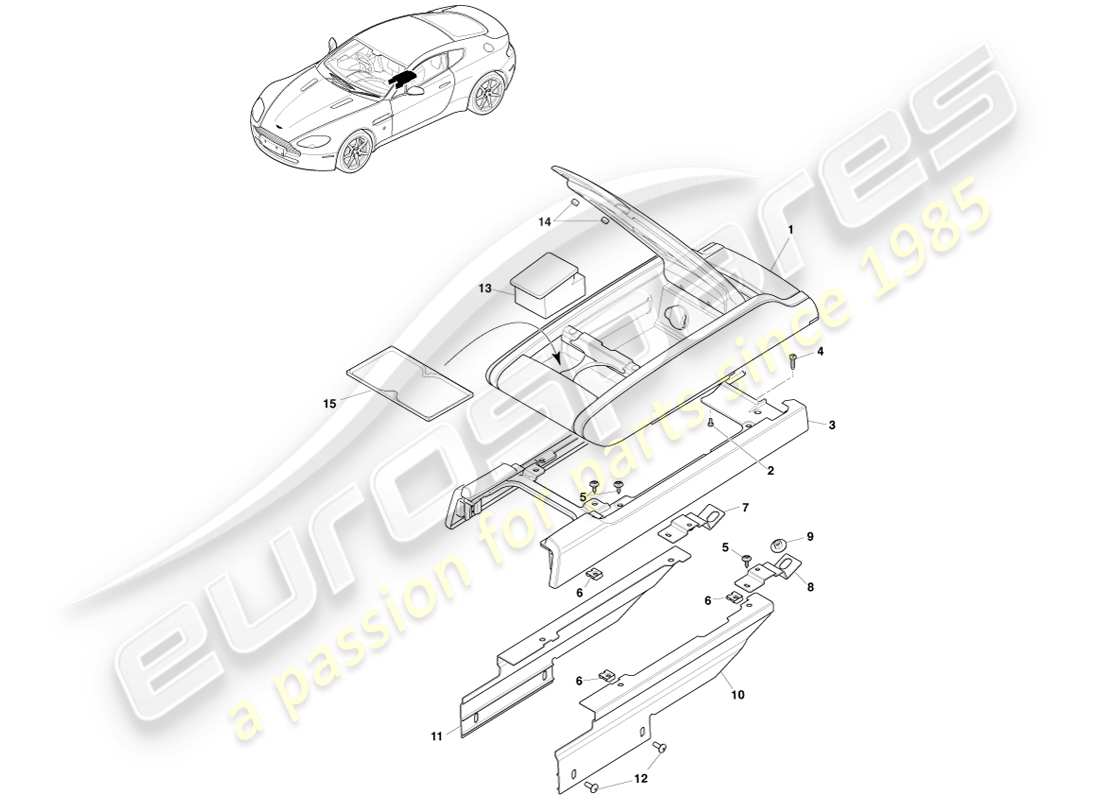 aston martin v8 vantage (2005) diagrama de piezas de la consola central con apoyabrazos