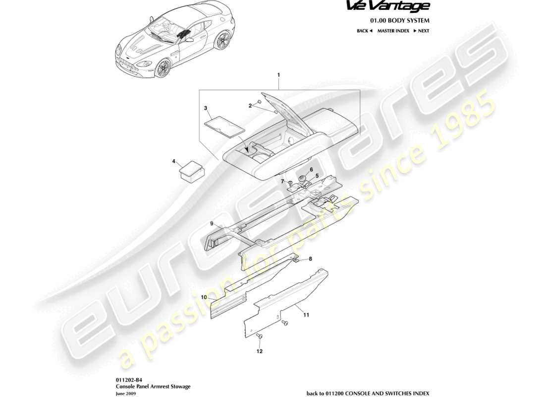 aston martin v12 vantage (2010) diagrama de piezas de la consola central con apoyabrazos