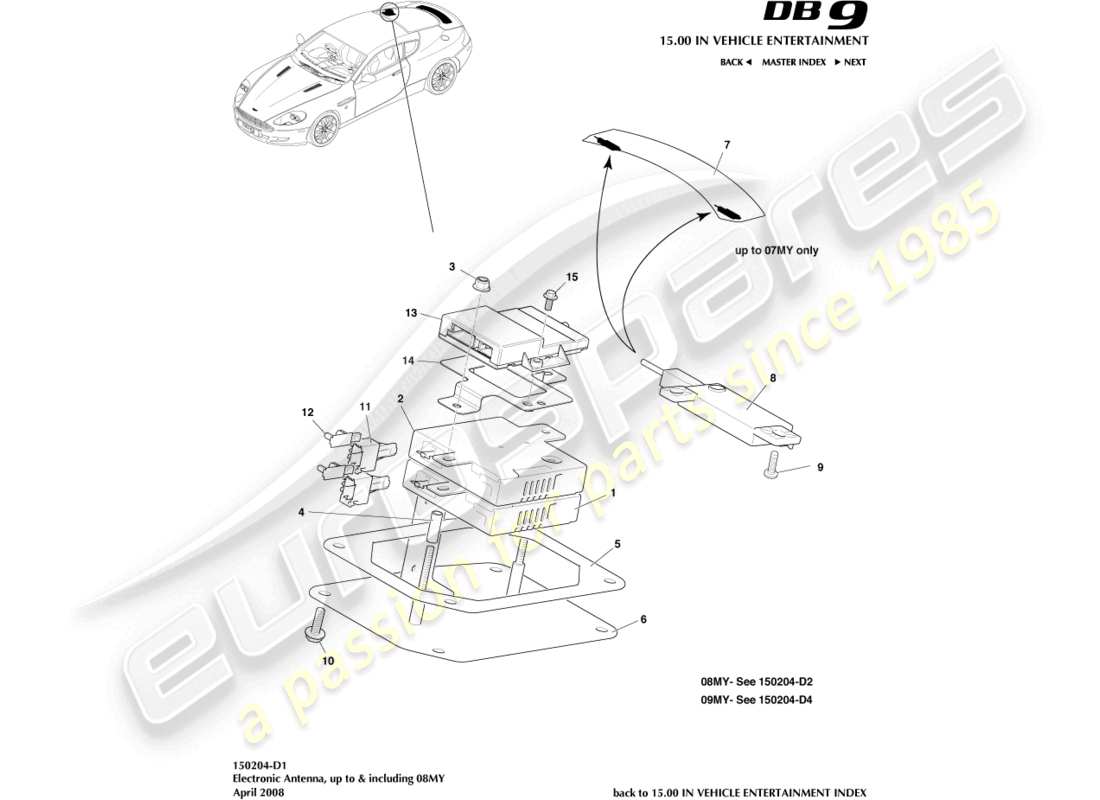 aston martin db9 (2005) diagrama de piezas de antena electrónica