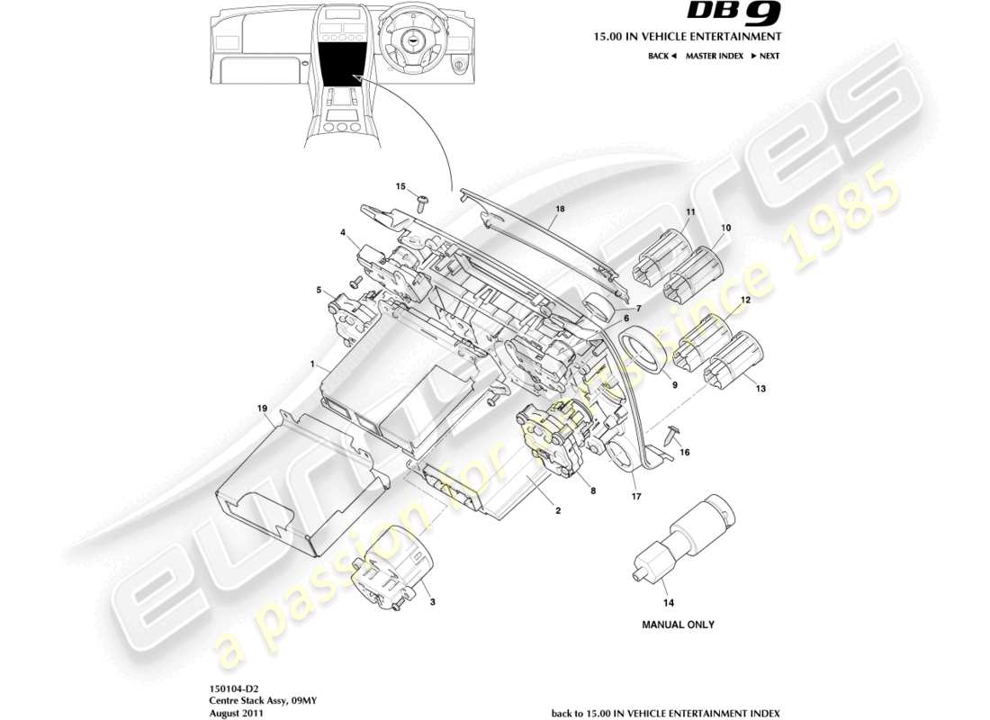 aston martin db9 (2005) consola central, diagrama de piezas 09my