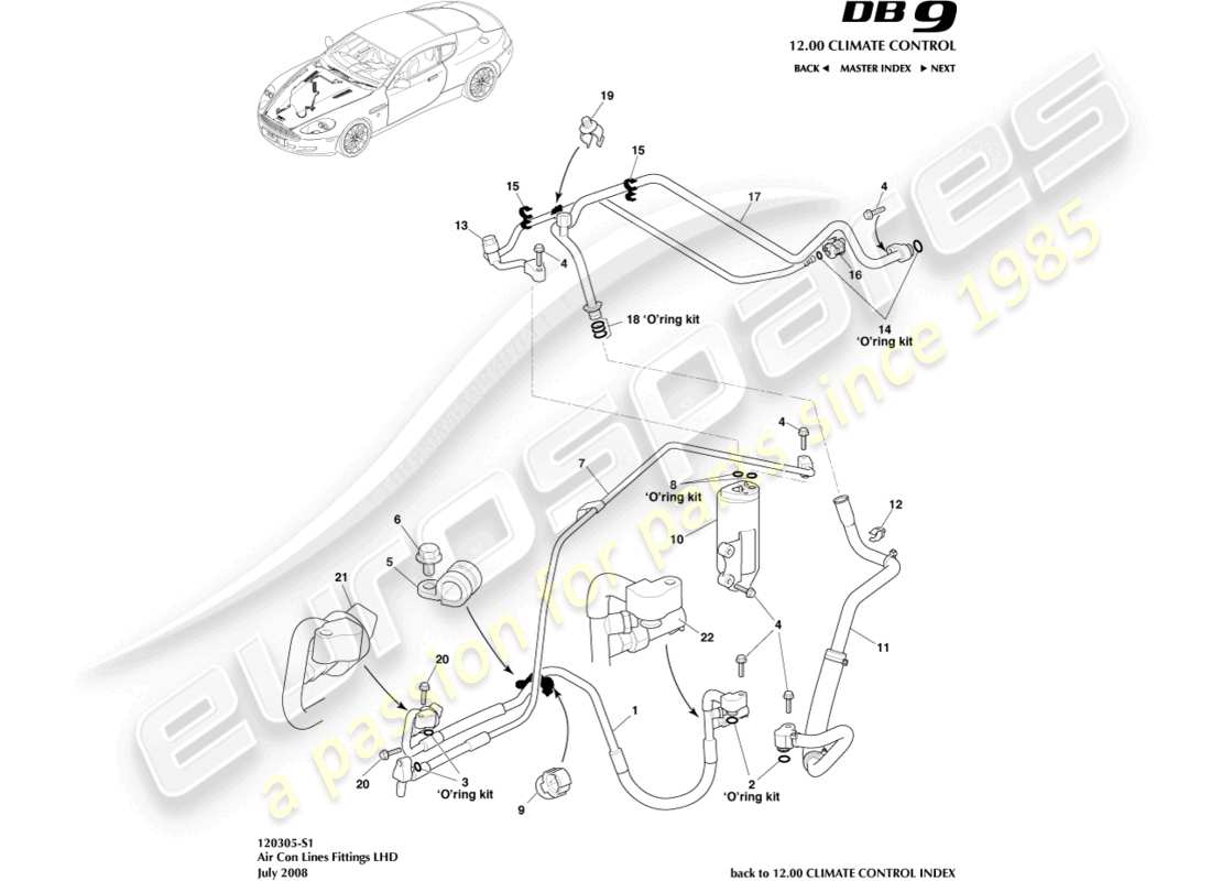 aston martin db9 (2006) línea de aire acondicionado, diagrama de piezas lhd