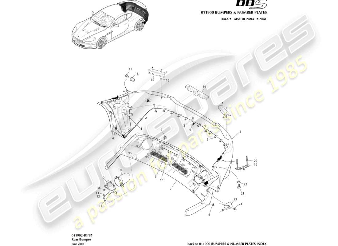 aston martin dbs (2013) diagrama de piezas del parachoques trasero