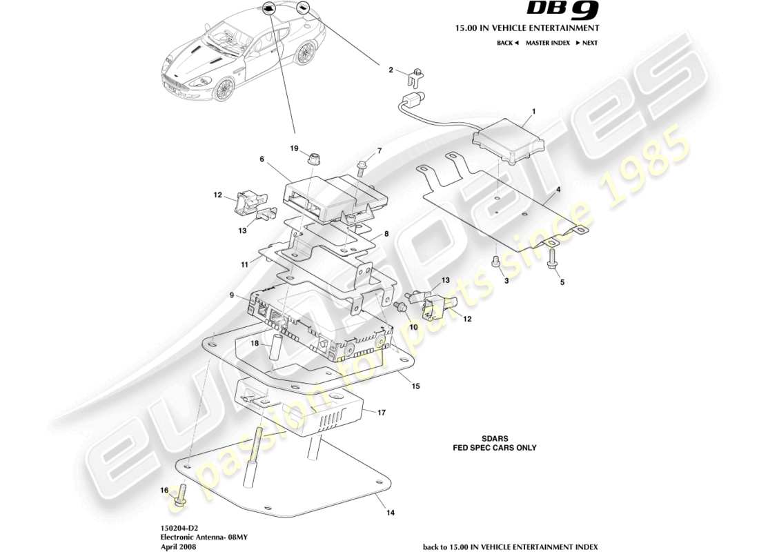 aston martin db9 (2011) antena electrónica, 08my diagrama de piezas