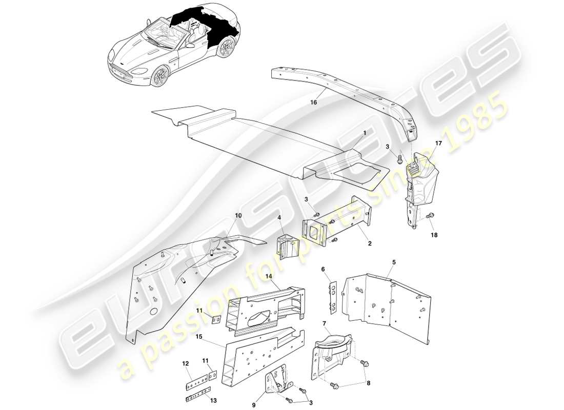 aston martin v8 vantage (2007) parte trasera de la carrocería, diagrama de piezas del roadster