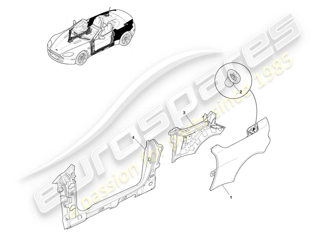 aston martin v8 vantage (2007) panel lateral de la carrocería, diagrama de piezas del roadster