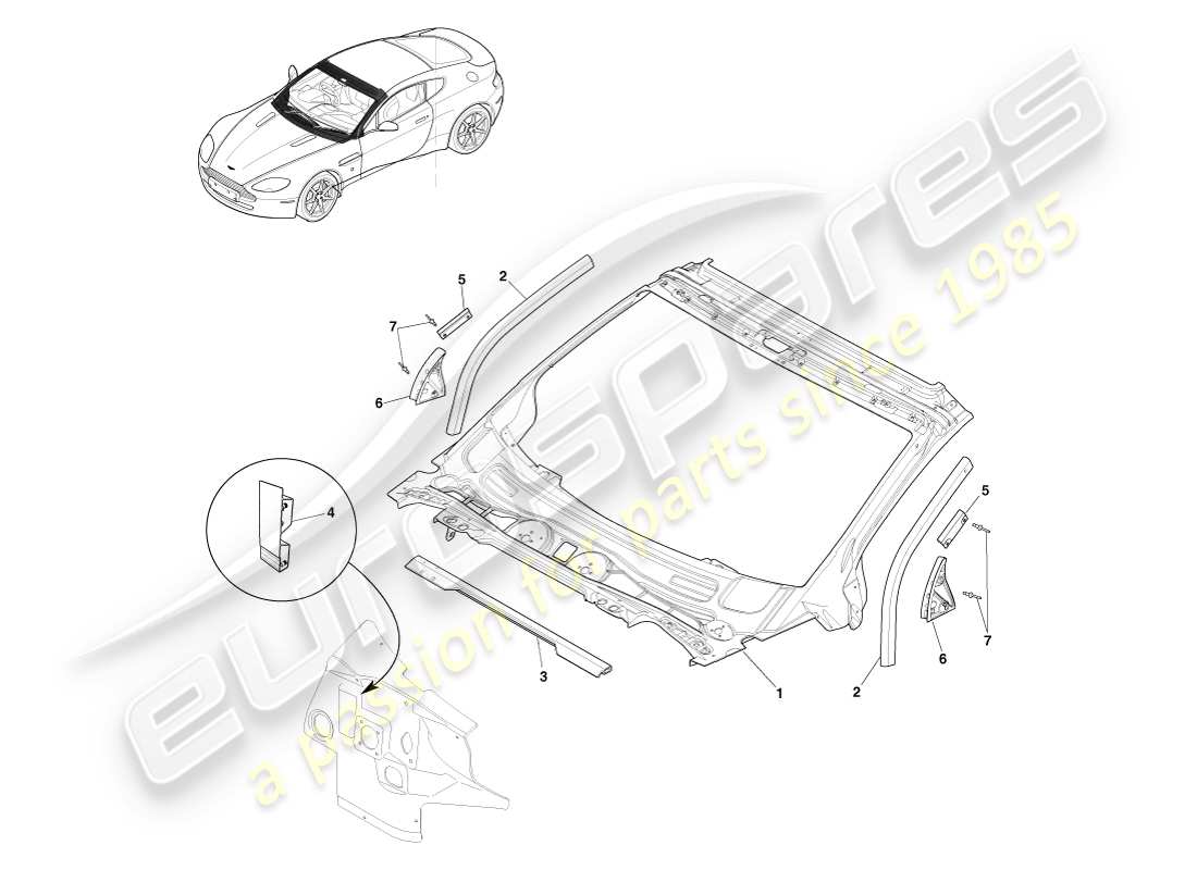aston martin v8 vantage (2005) carrocería, tablero y capó, diagrama de piezas del cupé