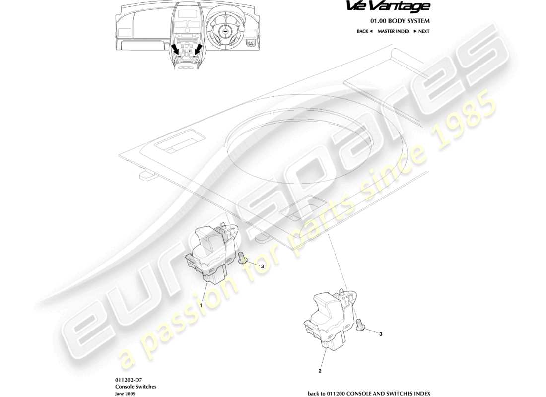 aston martin v12 vantage (2013) diagrama de piezas de los interruptores de consola