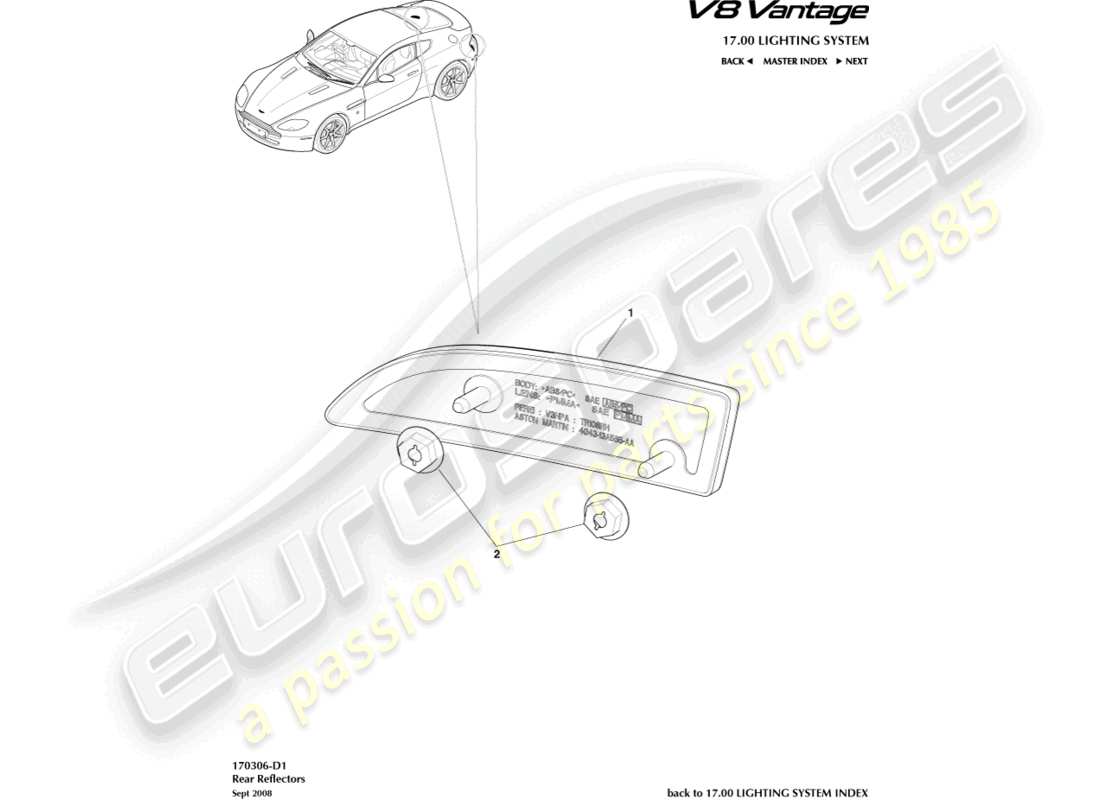 aston martin v8 vantage (2006) diagrama de piezas de los reflectores traseros