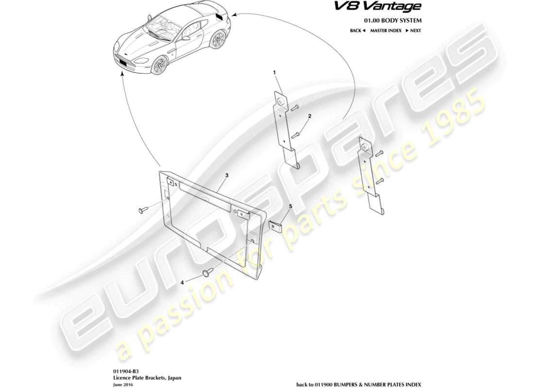 aston martin v8 vantage (2006) soportes de matrícula, diagrama de piezas de japón