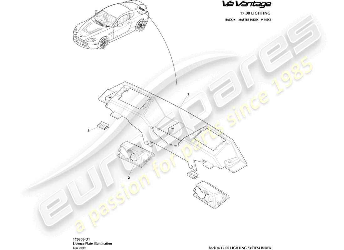 aston martin v12 vantage (2011) diagrama de piezas de las luces de la matrícula