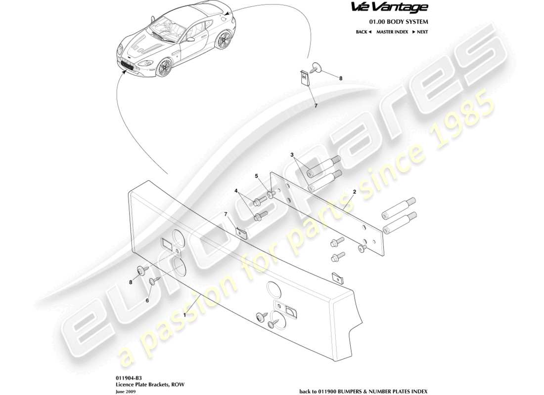 aston martin v12 vantage (2010) soportes de matrícula, diagrama de piezas row