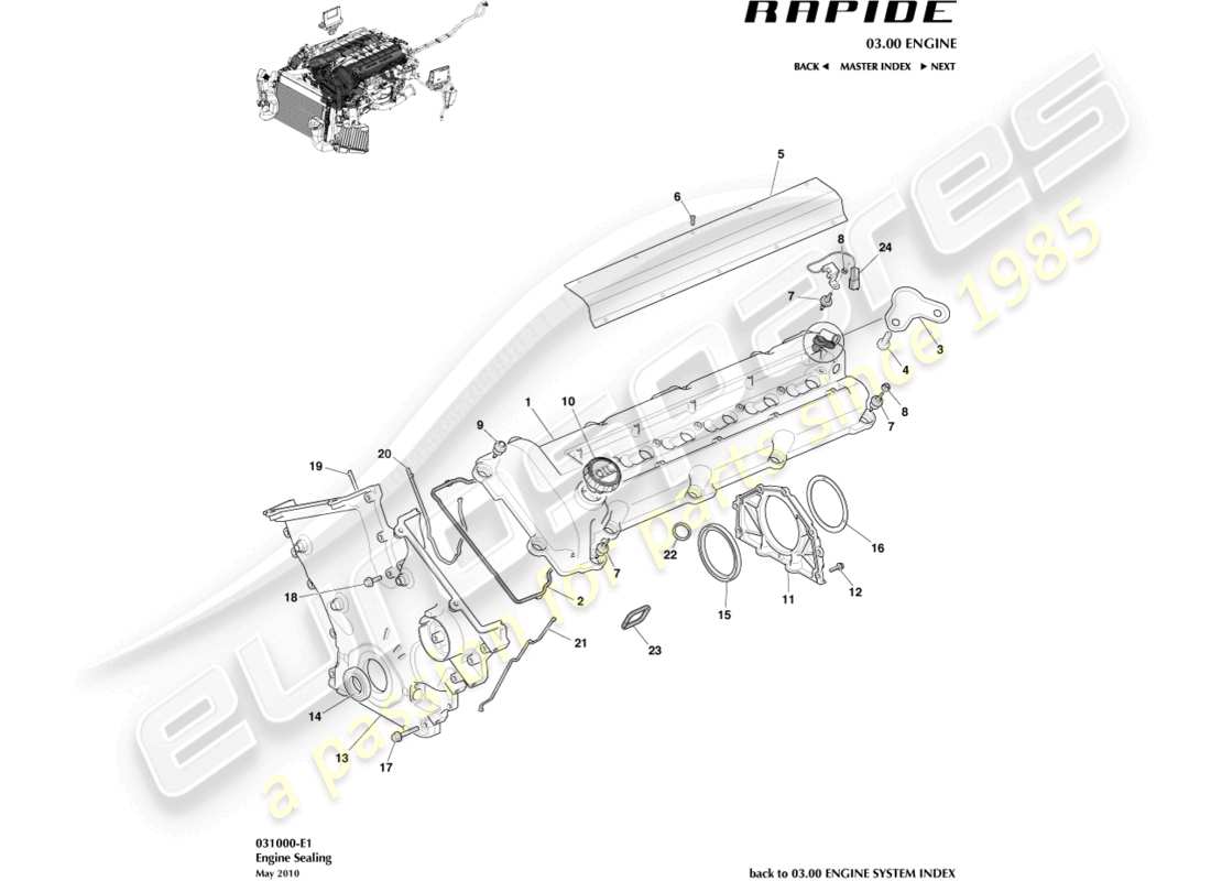 aston martin rapide (2014) sellado del motor diagrama de piezas