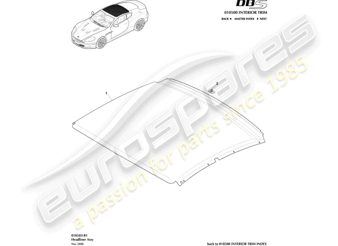 aston martin dbs (2011) conjunto de techo interior diagrama de piezas