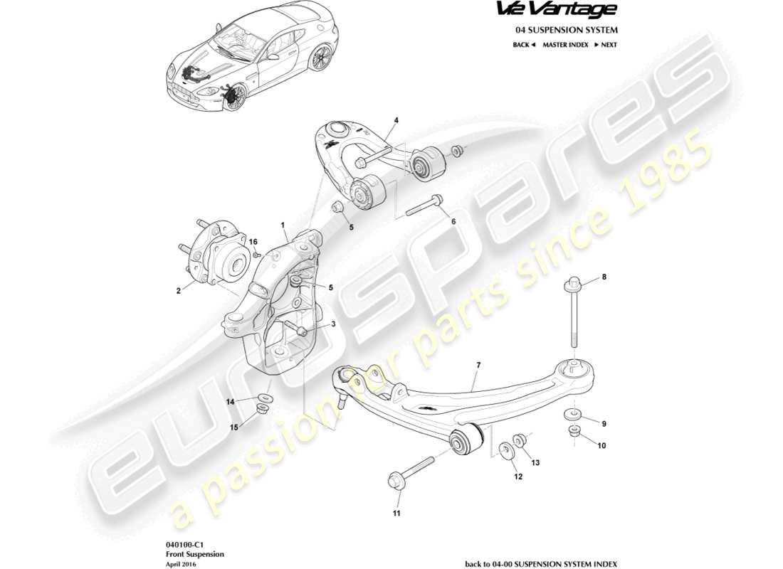 aston martin v12 vantage (2010) diagrama de piezas del conjunto de suspensión delantera