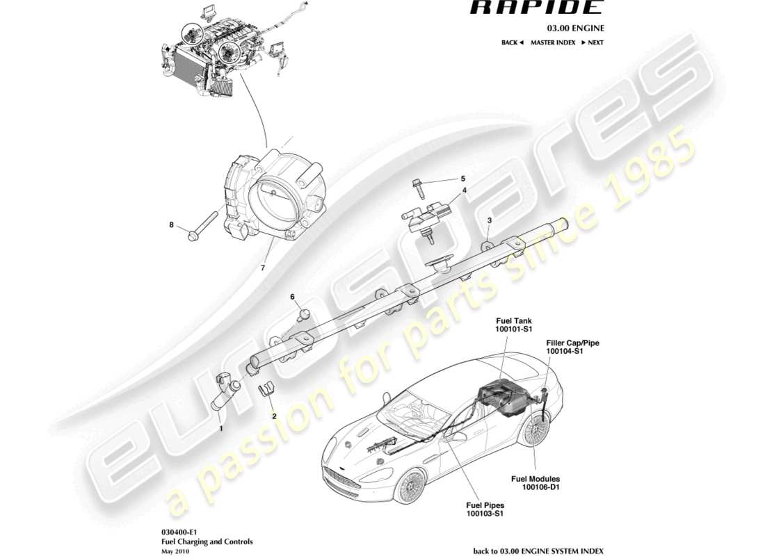 aston martin rapide (2018) controles y carga de combustible diagrama de piezas