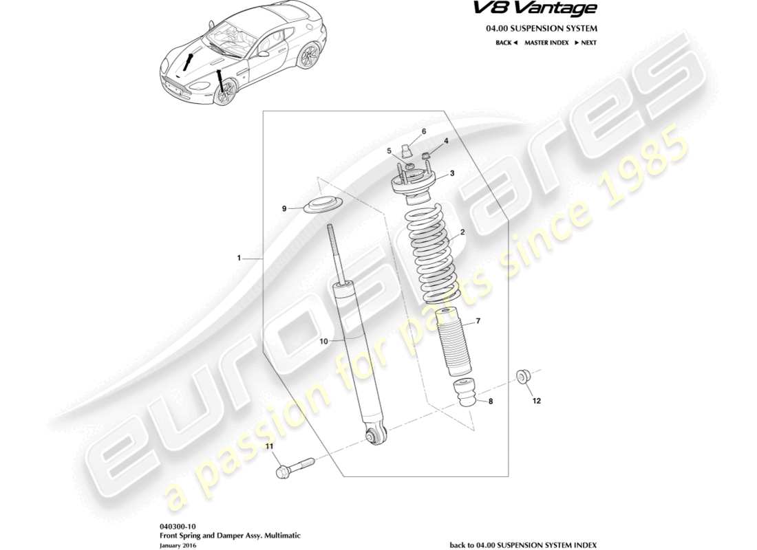 aston martin v8 vantage (2013) resorte delantero y amortiguador, diagrama de piezas multimatic