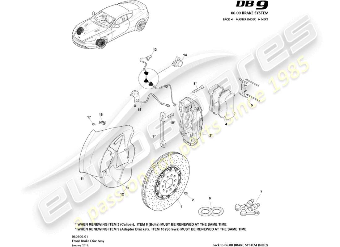 aston martin db9 (2016) diagrama de piezas del sistema de freno delantero