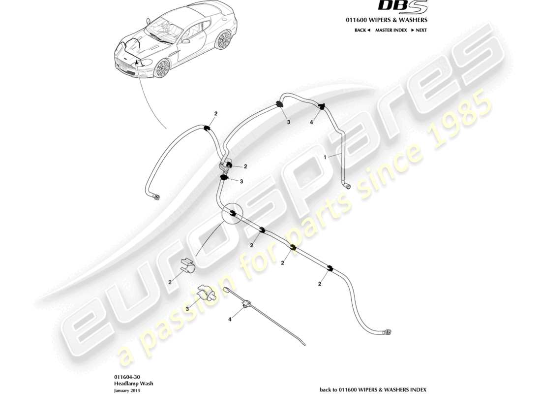 aston martin dbs (2011) lavado de faros diagrama de piezas