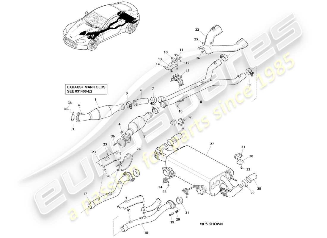aston martin v8 vantage (2005) diagrama de piezas del sistema de escape