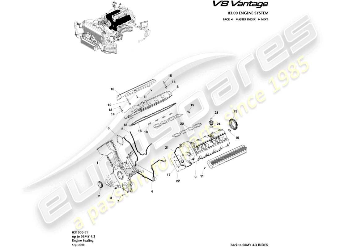 aston martin v8 vantage (2018) diagrama de piezas de sellado del motor