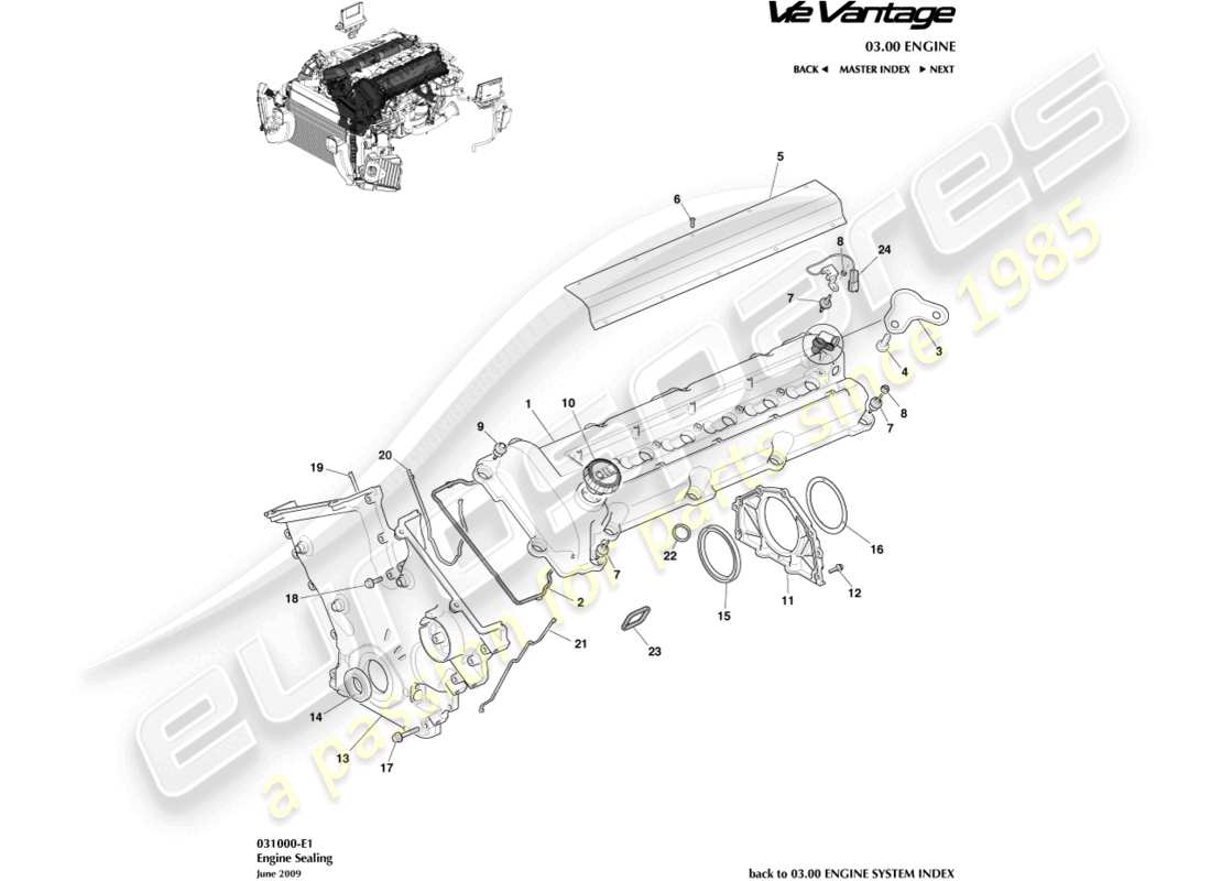 aston martin v12 vantage (2013) diagrama de piezas de sellado del motor