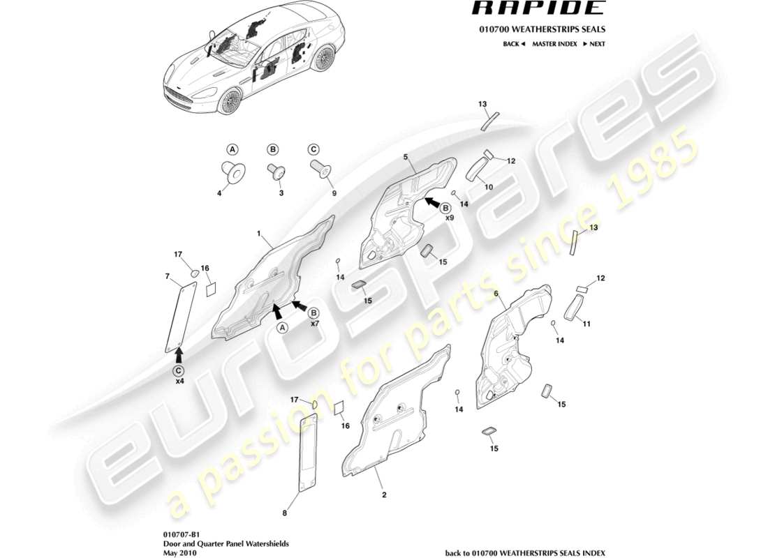 aston martin rapide (2013) diagrama de piezas de los protectores contra el agua de la puerta