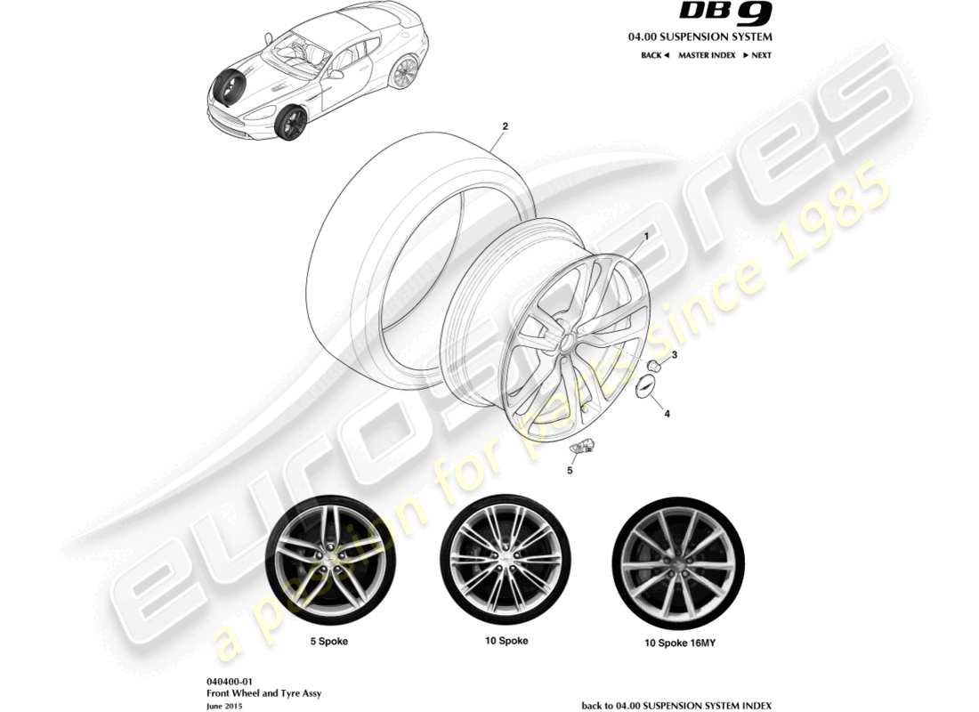 aston martin db9 (2017) ruedas y neumáticos delanteros diagrama de piezas
