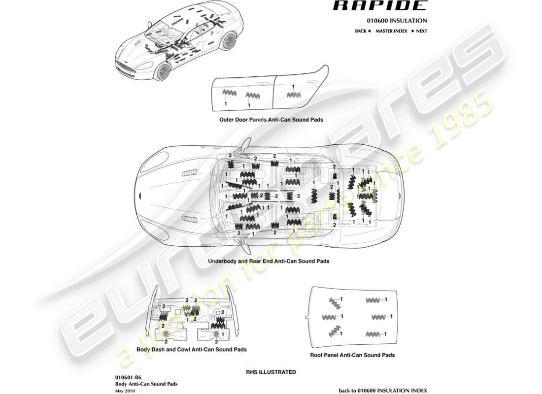 aston martin rapide (2012) diagrama de piezas de las almohadillas de sonido ananti-can