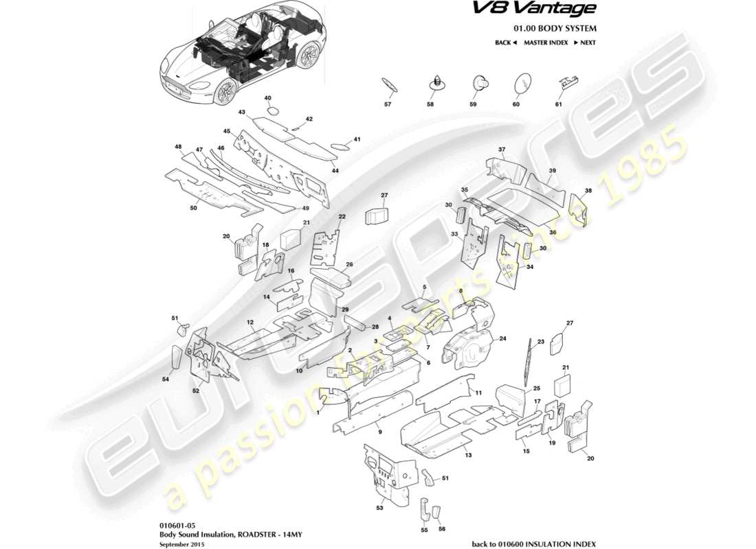 aston martin v8 vantage (2014) aislamiento de la carrocería, roadster, diagrama de pieza 14my