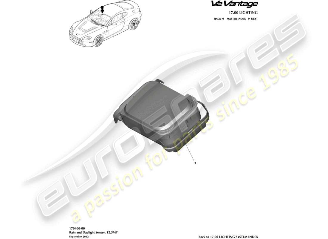 aston martin v12 vantage (2012) diagrama de piezas del sensor de lluvia y luz diurna
