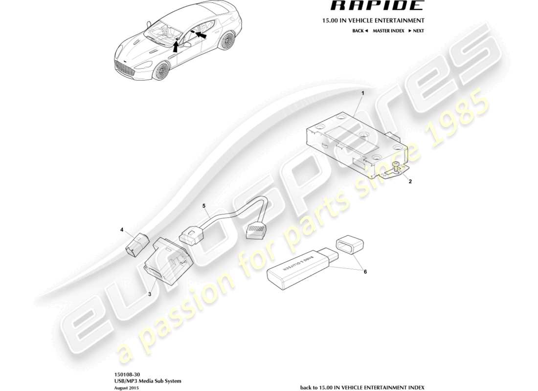 aston martin rapide (2017) mp3/usb subsistema de medios diagrama de piezas