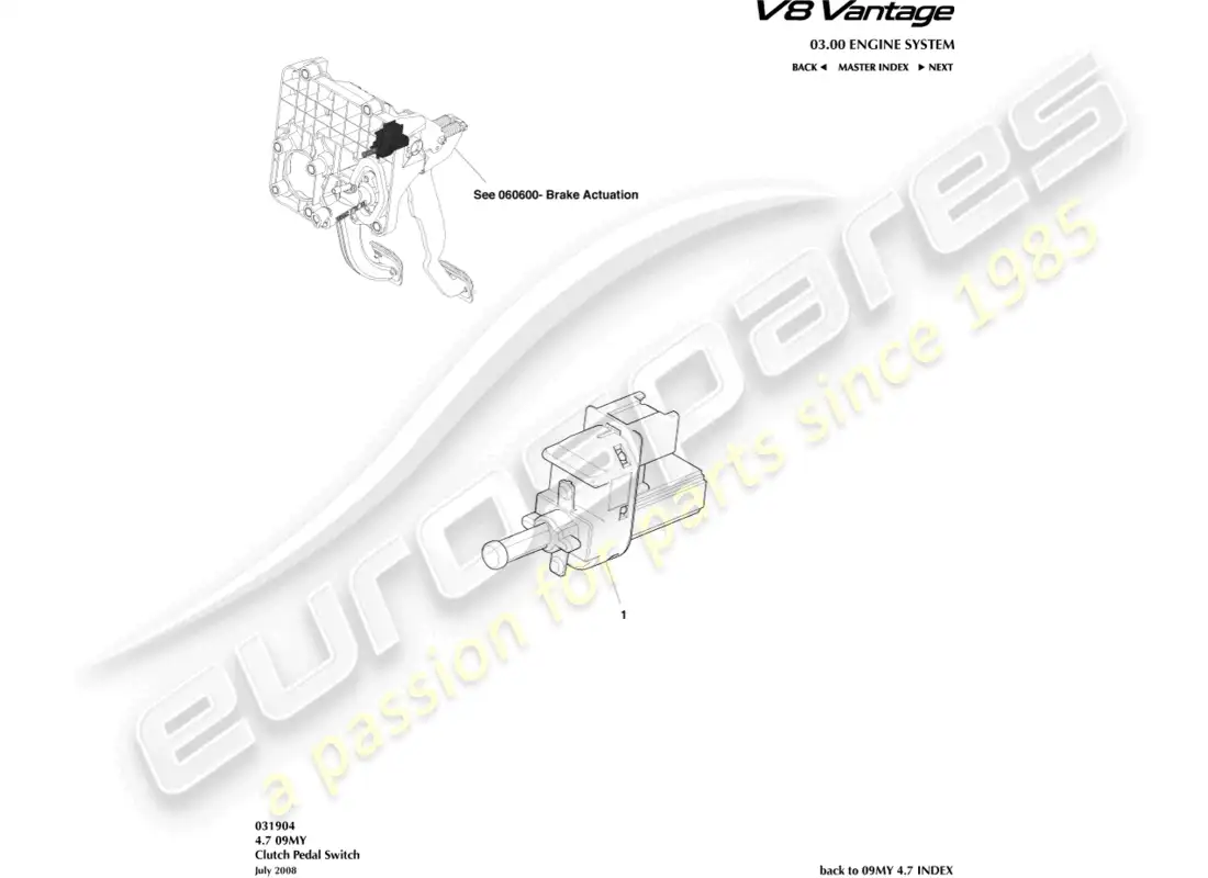 aston martin v8 vantage (2008) diagrama de piezas del interruptor del pedal del embrague