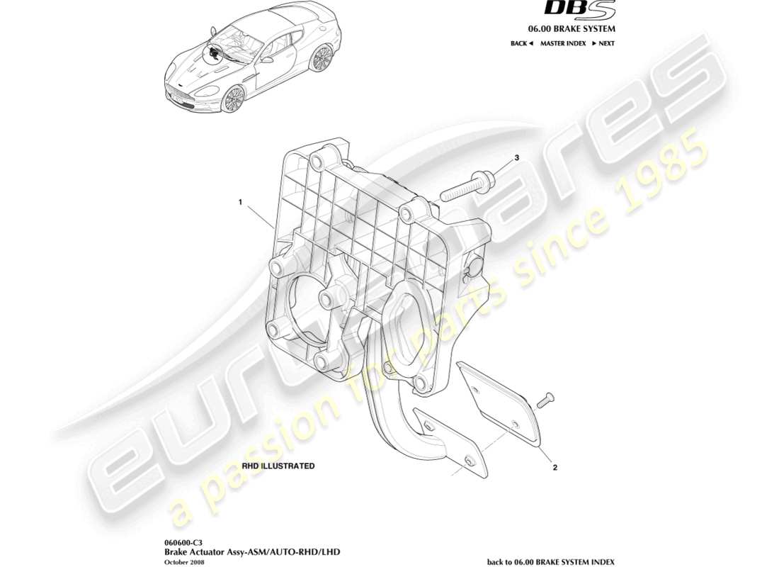 aston martin dbs (2011) conjunto de actuador de freno, manual diagrama de piezas