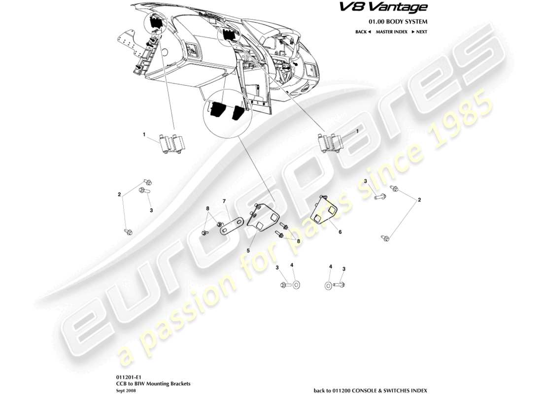 aston martin v8 vantage (2018) diagrama de piezas de soportes ccb a biw