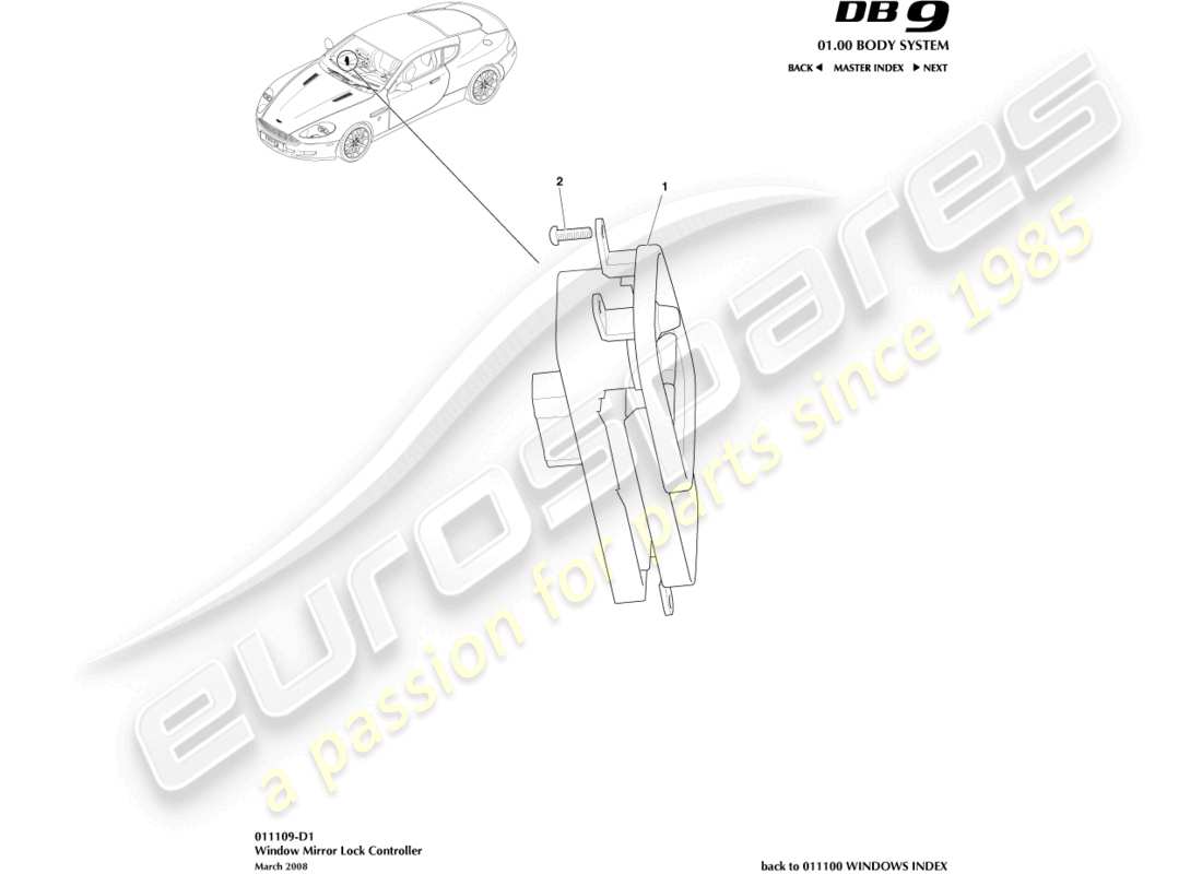 aston martin db9 (2008) diagrama de piezas del controlador de bloqueo de ventana/espejo