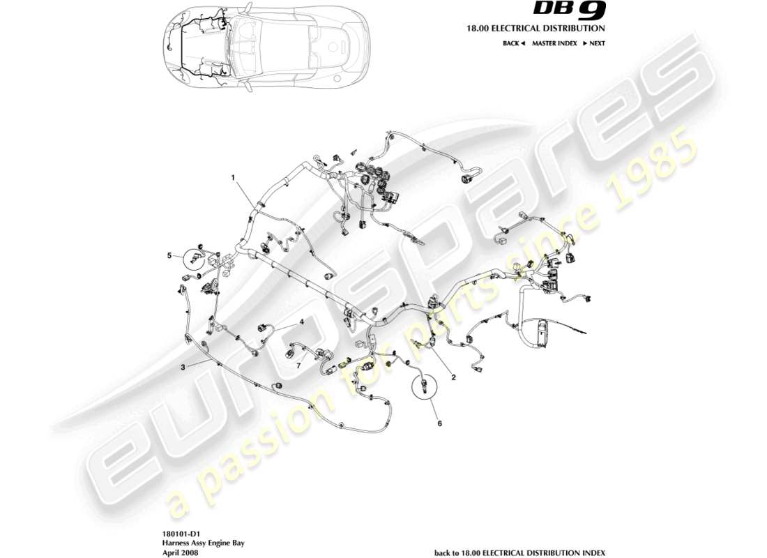 aston martin db9 (2008) diagrama de piezas del arnés del compartimento del motor