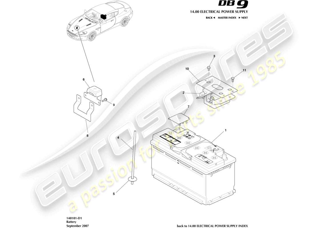 aston martin db9 (2008) batería diagrama de piezas