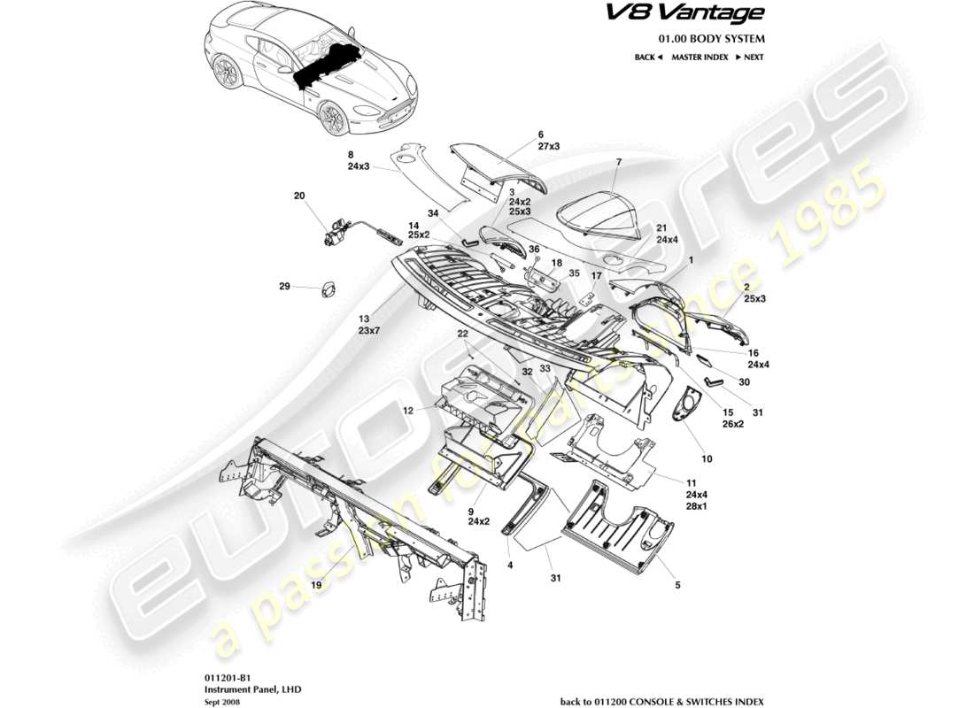 aston martin v8 vantage (2006) panel de instrumentos, diagrama de piezas lhd